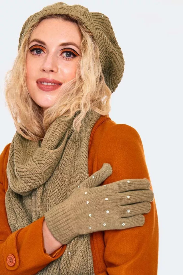 Retro Vintage Style Sparkle Brown Beret, Scarf & Glove Set