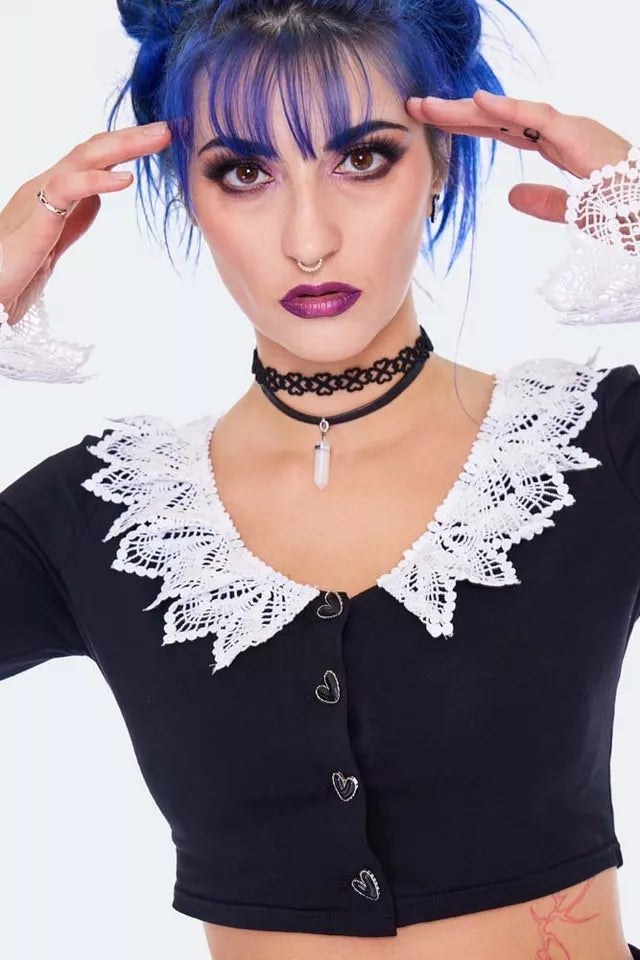 Alternative Style Long Sleeve Gothic Crop Top With Lace Trim Punk