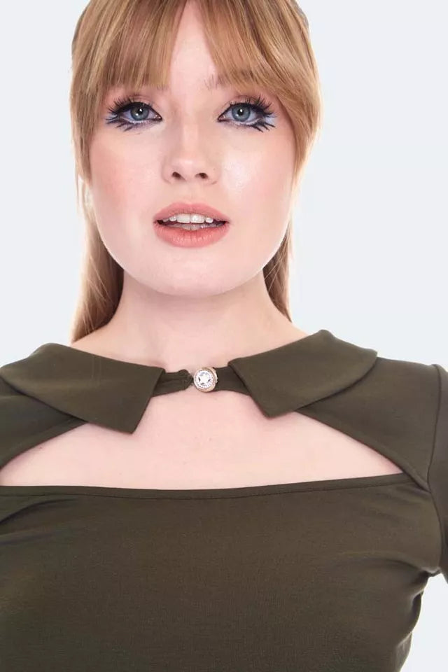60s Retro Vintage Style Green Cut Out Collared Top
