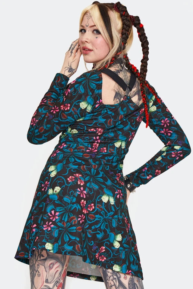 Gothic Venus Flytrap Print Mini Punk Style Dress