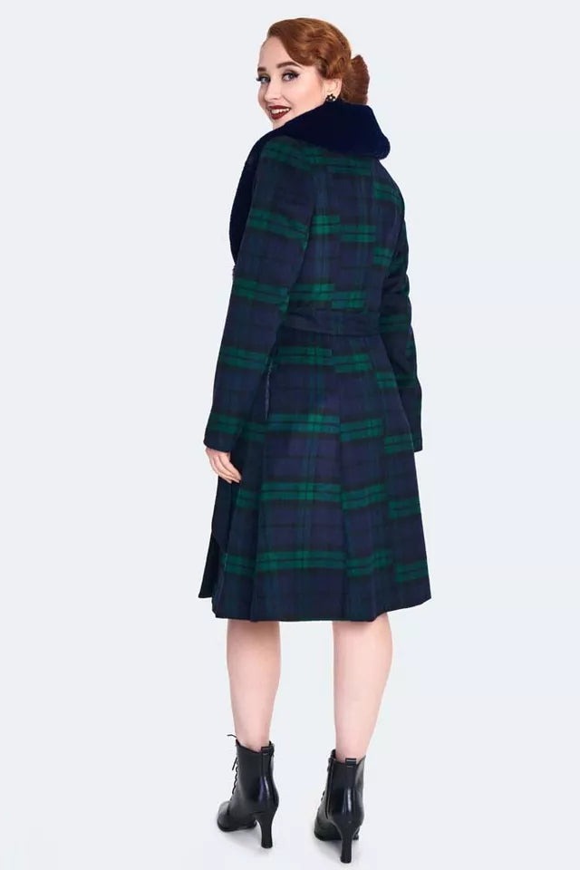 Women Retro Tartan Flare Coat with Fur Collar Vintage Style Fashion
