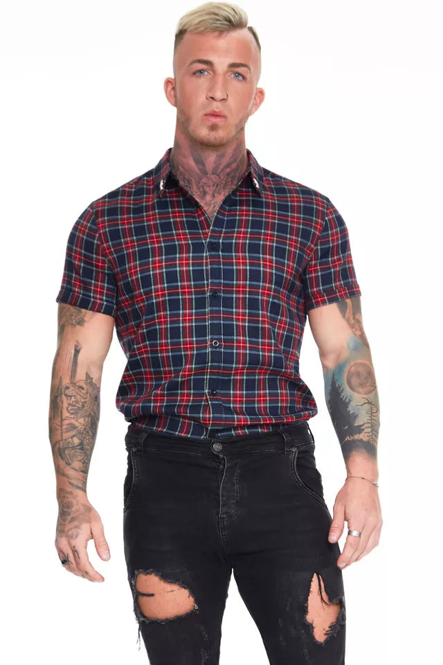 New Short Sleeve Work Tops Casual Checks Men Plaid Button Down Shirt