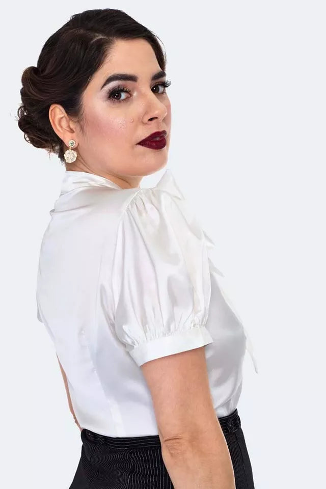 Retro Vintage Style Satin Blouse With Organza Bow