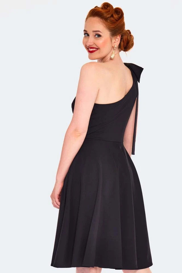 Retro BLACK ONE SHOULDER FLARE DRESS Vintage Style