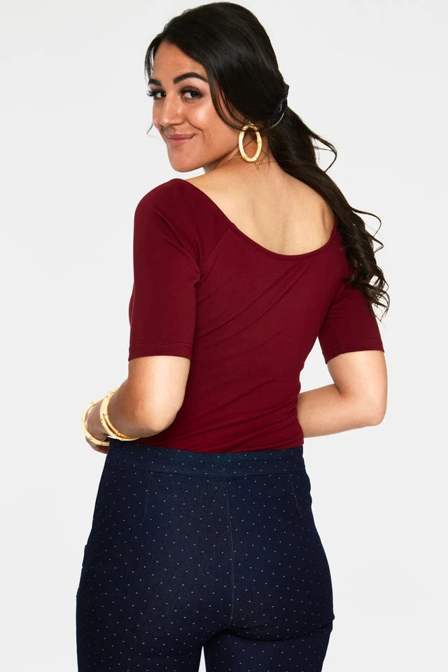 Anika Burgandy Tie Front Pullover Top V Neck Retro Style Women Top