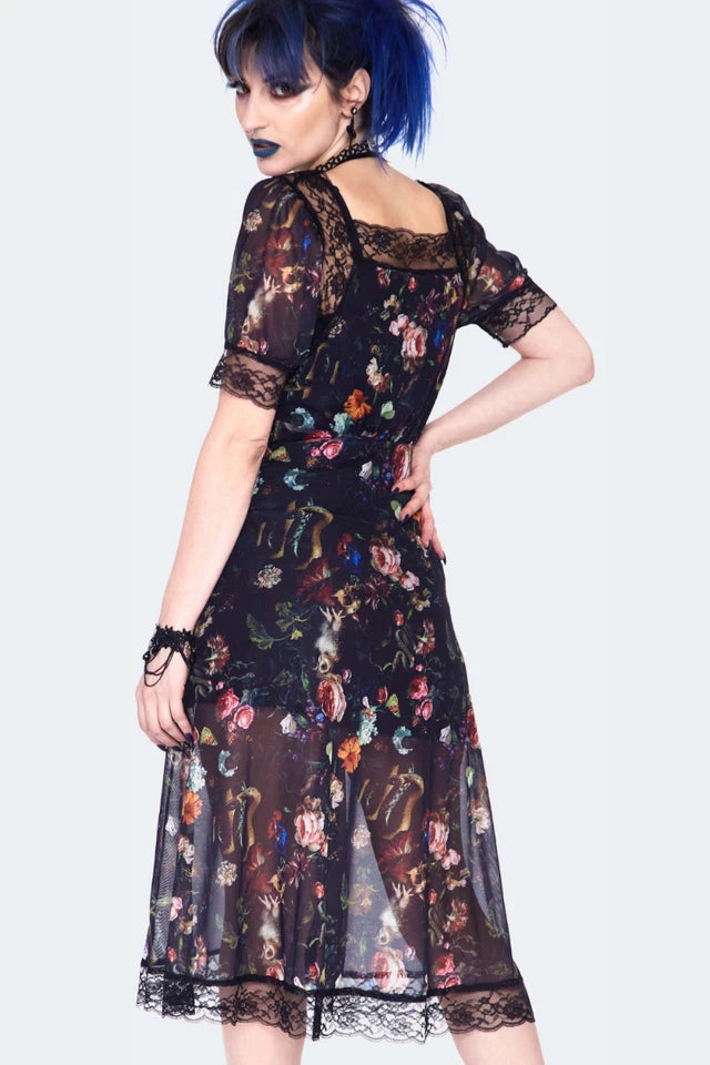 Gothic Night Garden Print Short Sleeve Dress Alternative Style