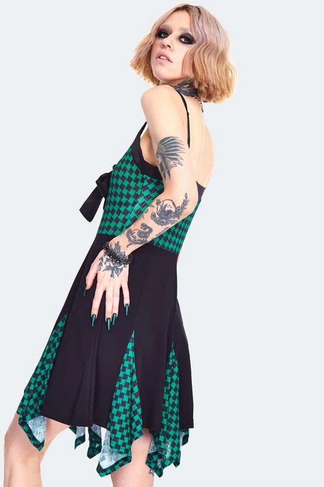 Gothic Alternative Style Check Panel Strappy Mini Dress