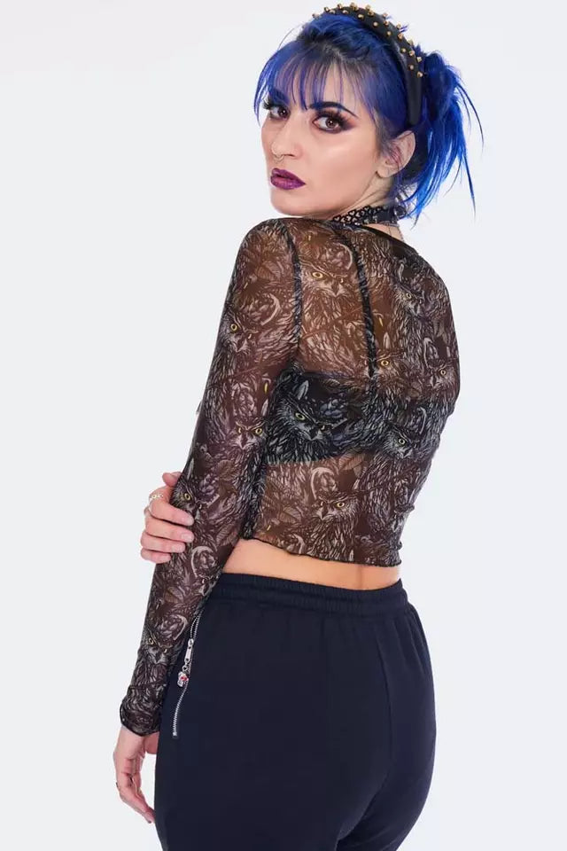 Gothic Night Owl Long Sleeve Mesh Top Punk Alternative Fashion Cropped Top