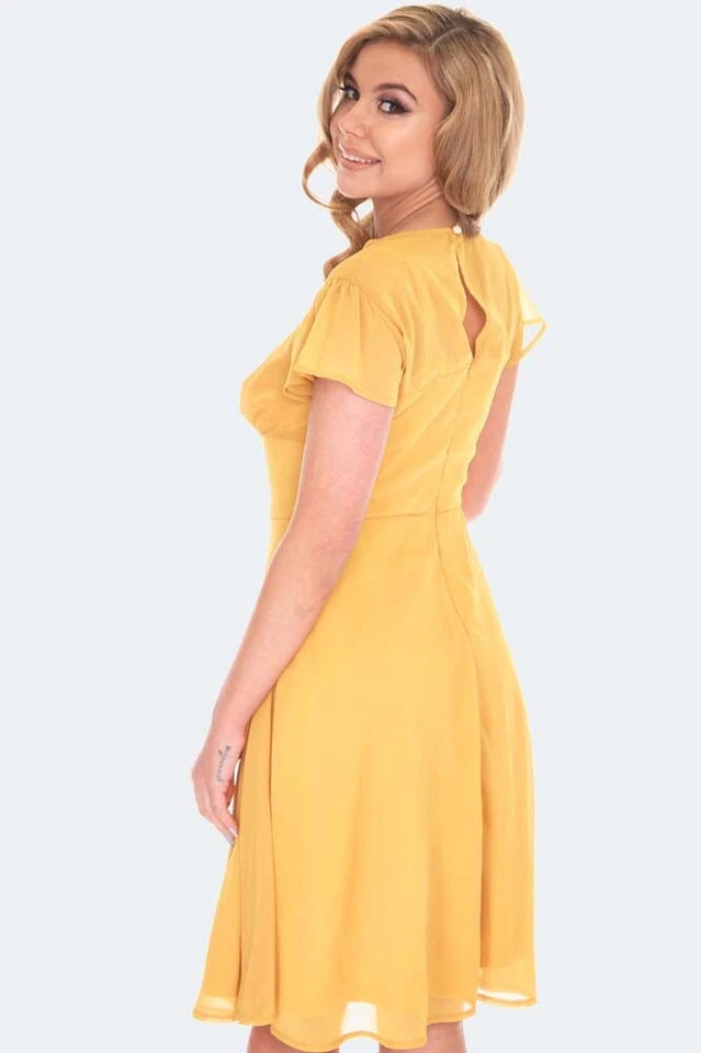 RETRO VINTAGE STYLE YELLOW TIE NECK LACE FLARE DRESS