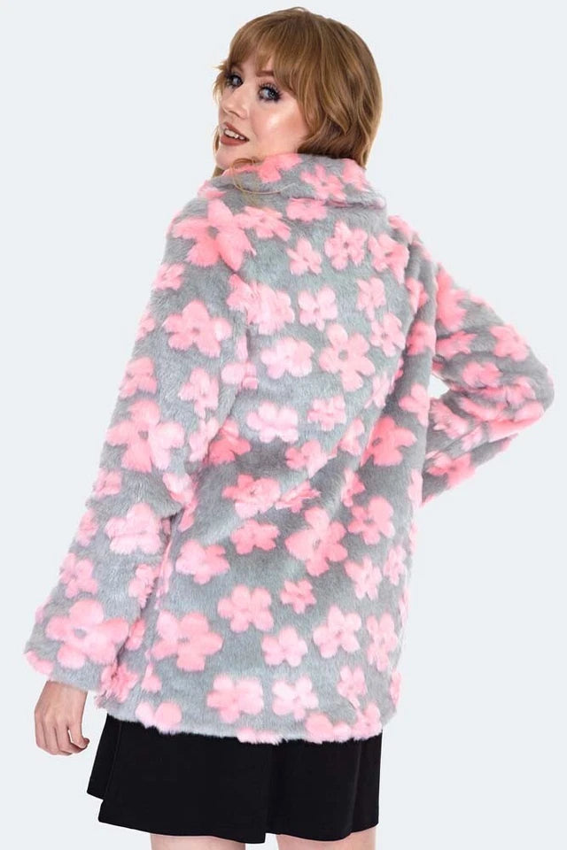 Women Faux Fur Retro Flower Pattern Coat Vintage Fashion