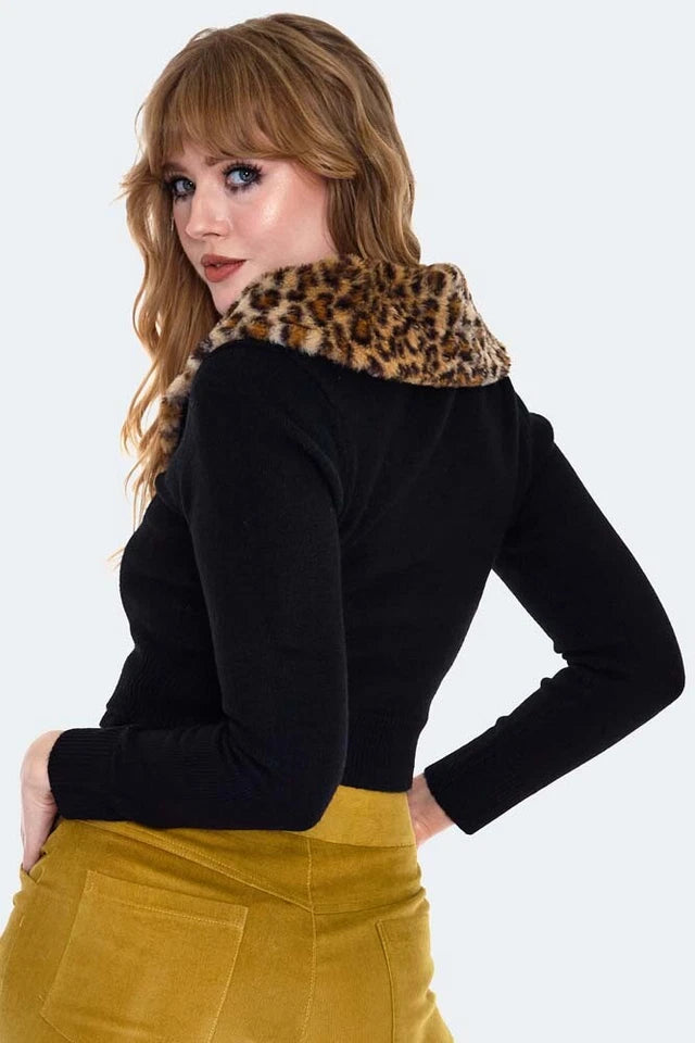 Leopard Fur Collar Ladies Cardigan Set Retro Vintage Style Fashion Cardigan Top
