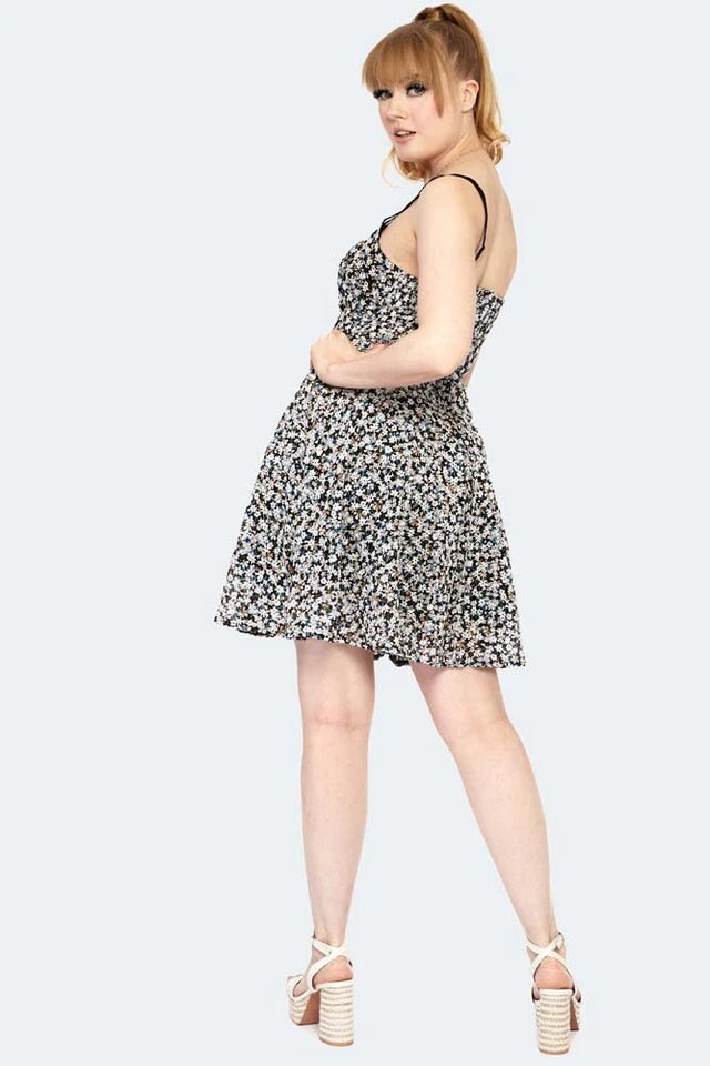 Retro Floral Embroidery Strappy Chiffon Flare Vintage Style Dress