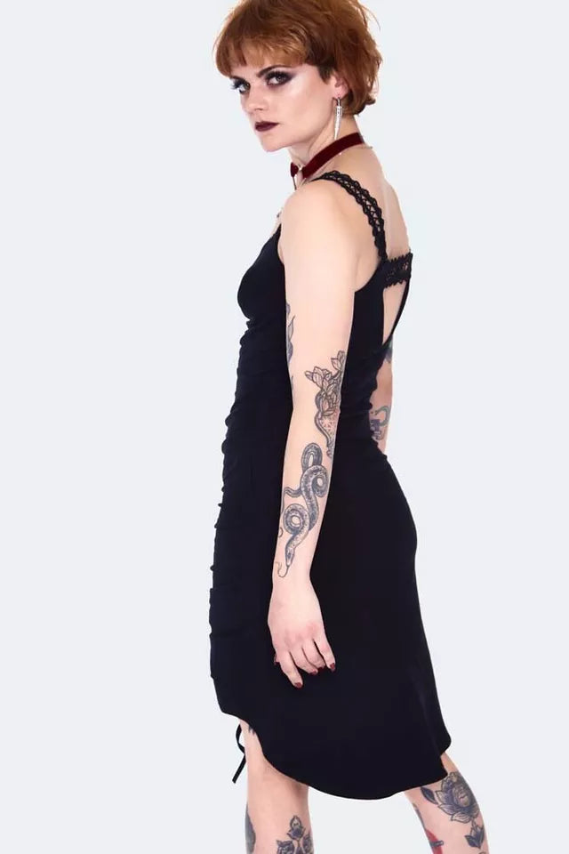 Gothic Long at back rouched dress with lace Alternative Style
