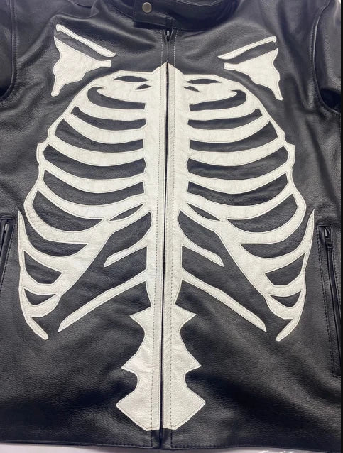 Men's Leather Jacket Skeleton Bones Biker Motorcycle Real leather Jacket Coat