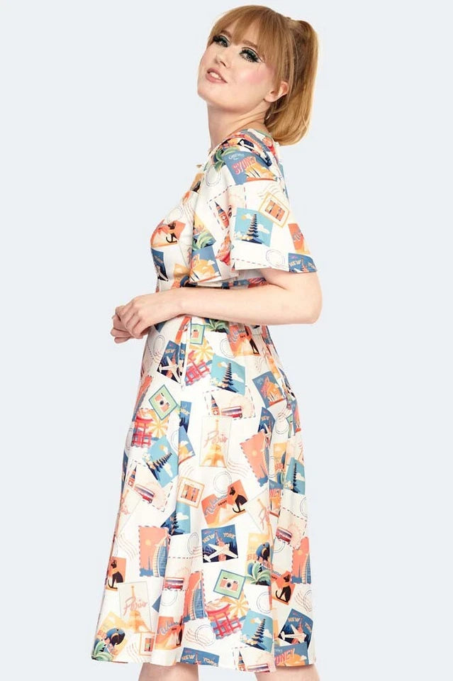 Women Retro Postcard Print Midi Vintage Style Dress