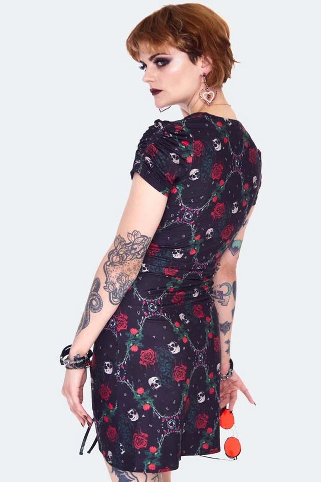 Skull and roses print midi Gothic Alternative Style dress