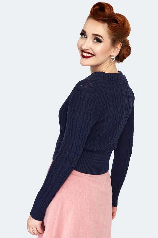 Women Retro Mabel Cropped Cardigan in Navy Vintage Style Cardigan