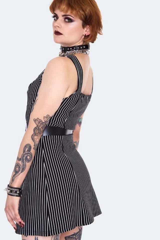 Gothic Pinstripe bodycre dress with waist belt Alternative Style