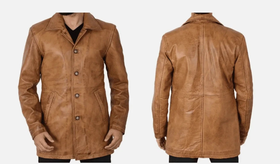 Genuine Leather Mens Camel 3/4 Length Car Winter Coat for Men - Mens Trench Coat
