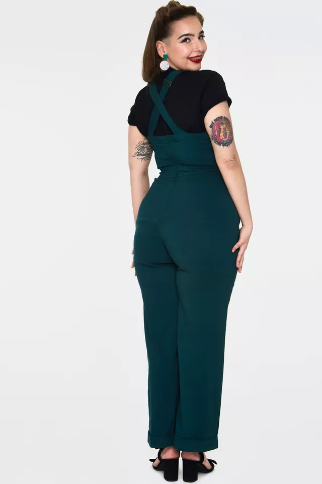 Retro Curve Connie Fitted Capri Overalls Green Vintage Style in Plus Size
