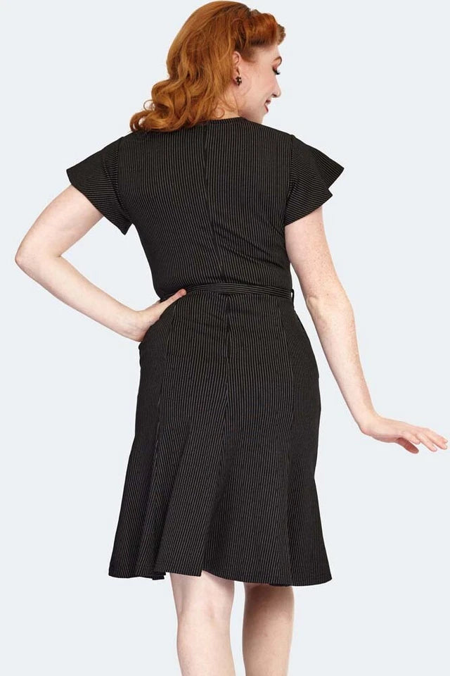 Pinstripe Flutter Sleeve Front Twist Flare Retro Vintage style Dress
