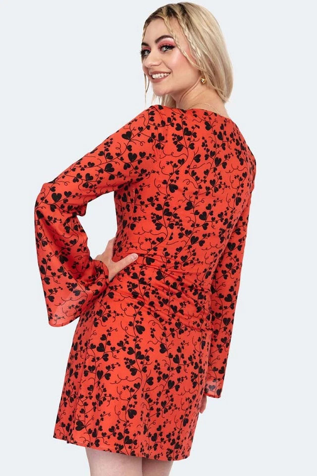 1960s Women Retro Bleeding Hearts Print Flare Sleeve Mini Vintage Style Dress