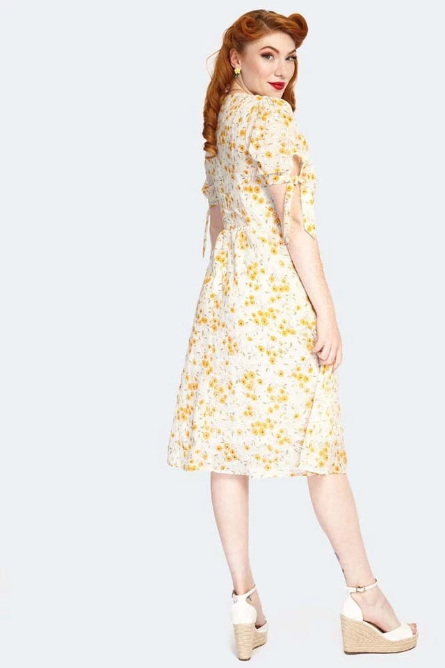 Retro Vintage Style Tie Sleeve Floral Pattern Flare Dress