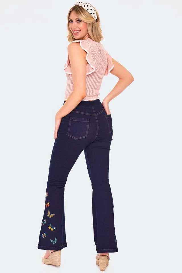 Retro Butterfly Embroidery Vintage Style Denim Trousers