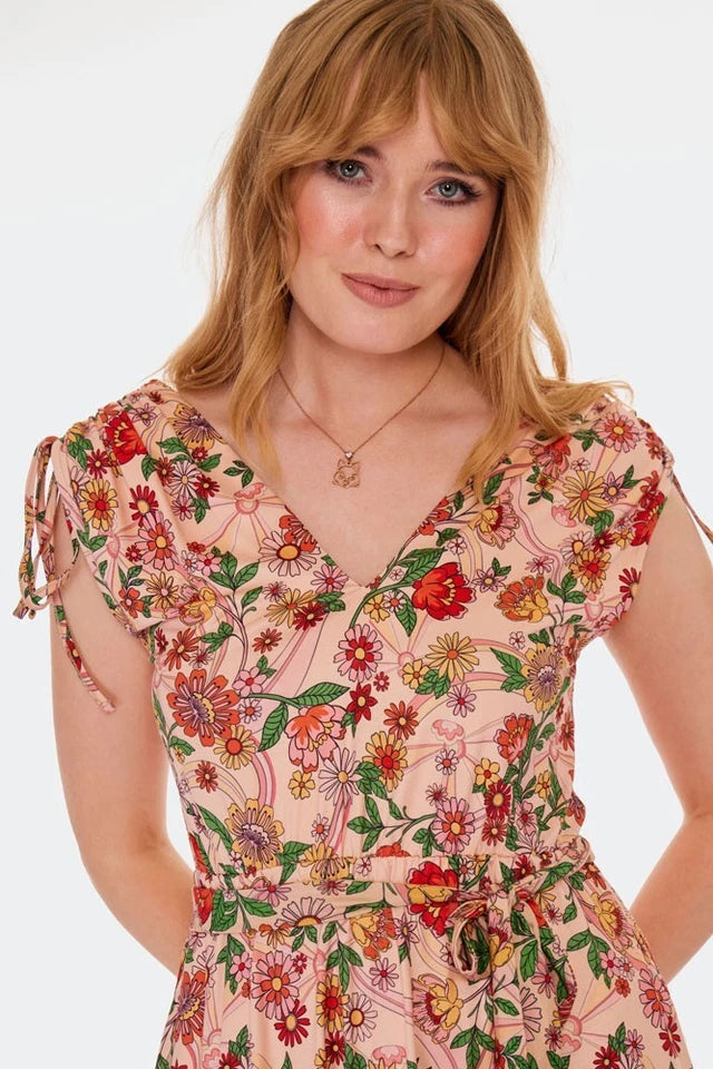 Retro Vintage Rainbow Style Floral Knit Flare Dress