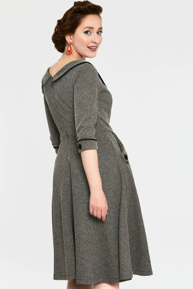 Marica Herringbone Retro Vintage Style Flared Dress