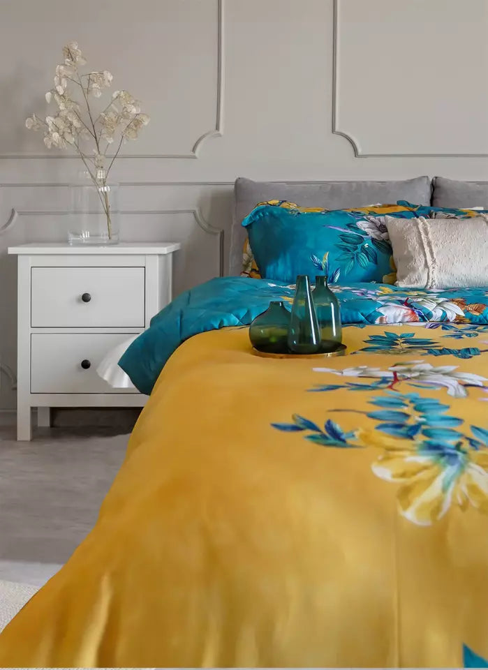 Floral Vine Duvet Quilt Cover Set in Yellow & Blue Premium Quality 100% Cotton