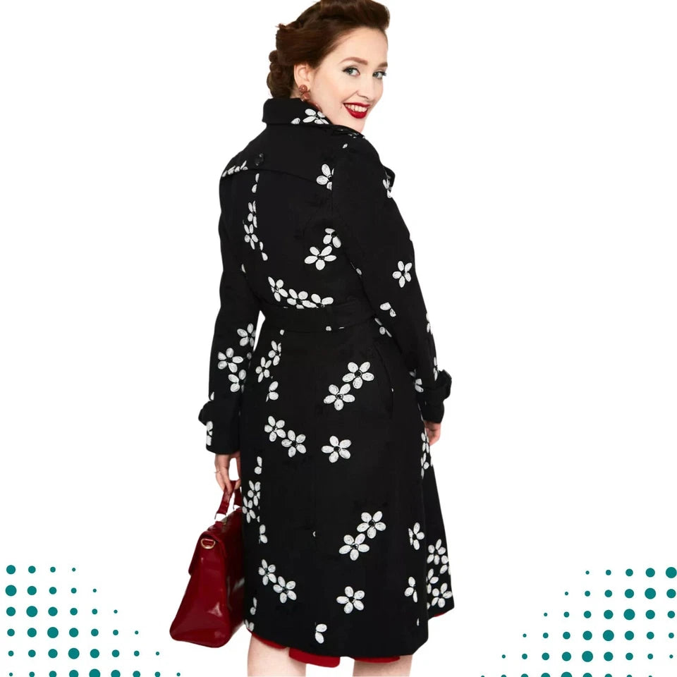 Women Retro Floral Flocked Double Breasted Coat Vintage Style Fashion
