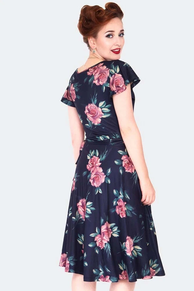 Dark floral flutter sleeve wrap Retro Vintage Style dress