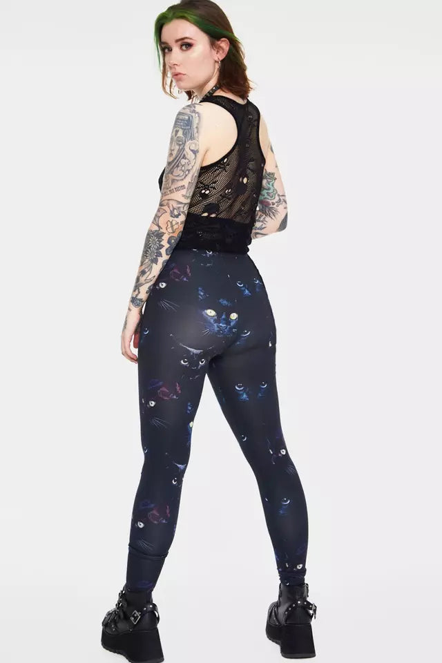 Ladies New Gothic Punk Salem Leggings Alternative Chic Cat Print