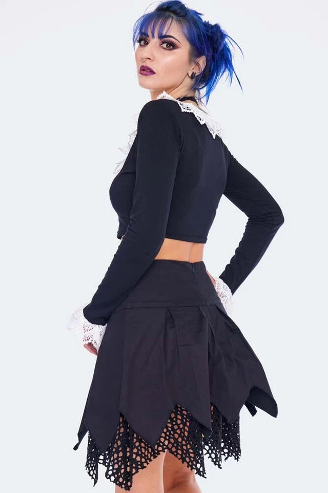 Alternative Style Long Sleeve Gothic Crop Top With Lace Trim Punk