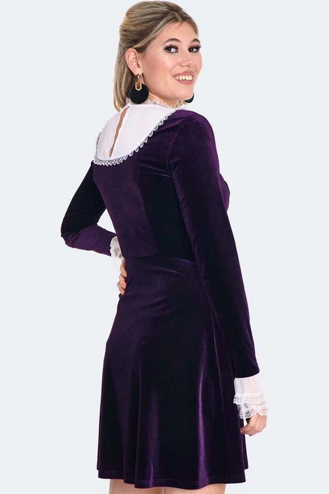 1960s Retro Vintage Style Ruffle Sleeve Velvet Flare Dress