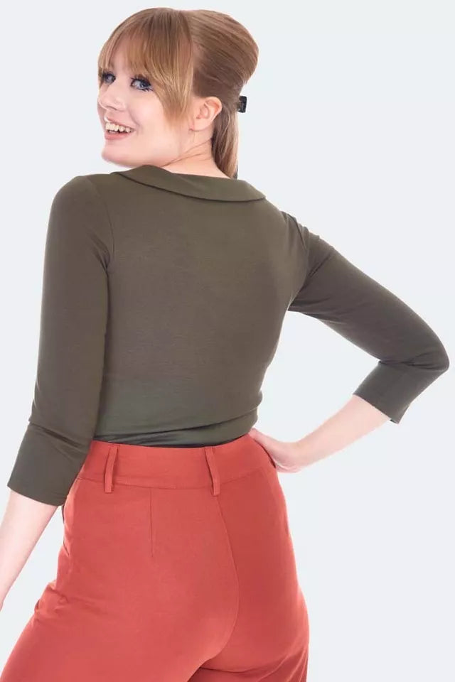60s Retro Vintage Style Green Cut Out Collared Top