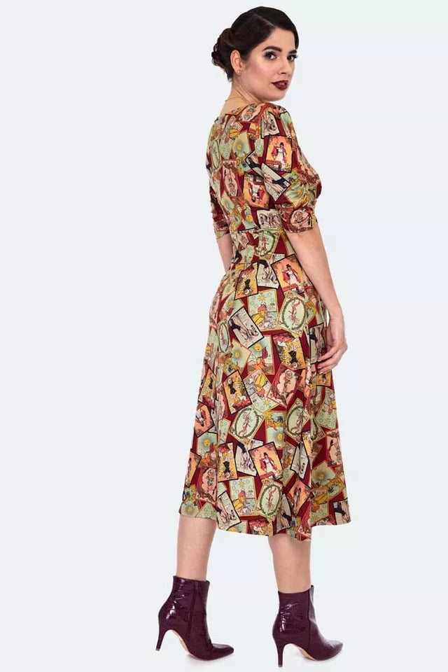 Retro Vintage Style Tarot Print Midi Dress