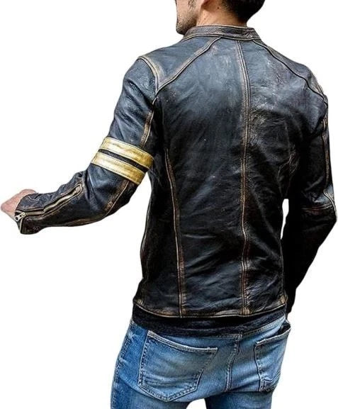 Mens Cafe Racer Golden Stripes Vintage Motorcycle Distress Leather Biker Jacket