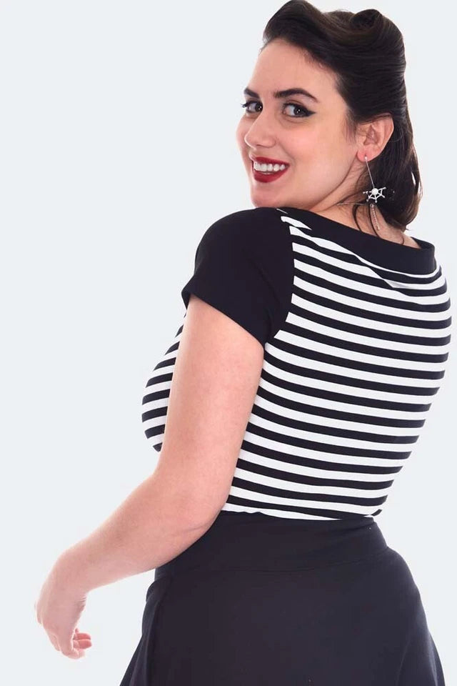 Vintage Style Striped Short Sleeve Retro Low Neck Top
