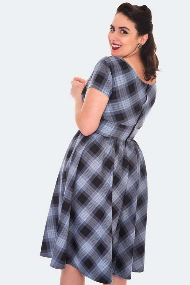 GREY RETRO CHECKED FLARE VINTAGE STYLE DRESS