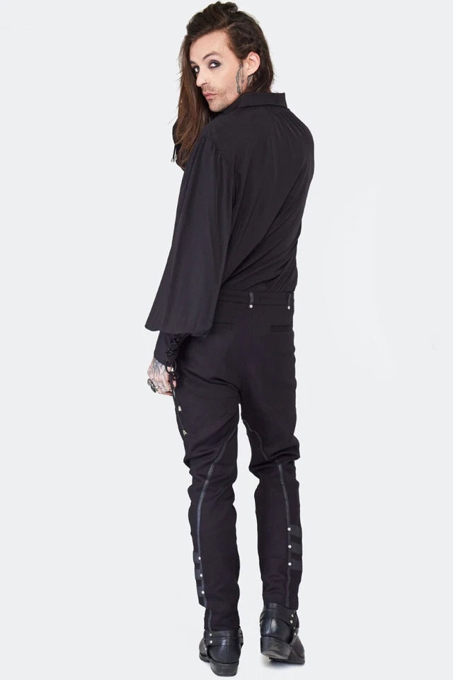 Black Gothic Punk Style Trousers With Leather Trimmed