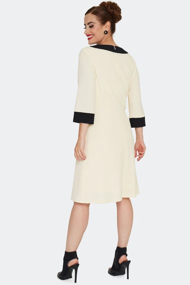1960s RETRO Vintage Style 3/4 sleeve constrast stripe ivory dress