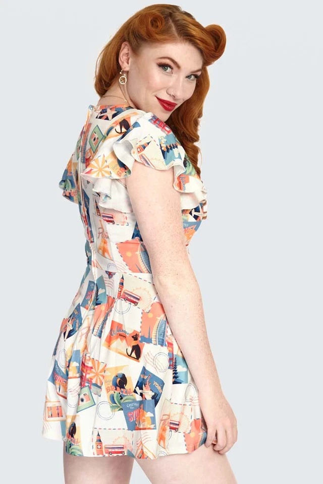 Postcard Print Flutter Collar Retro Vintage Style Playsuit