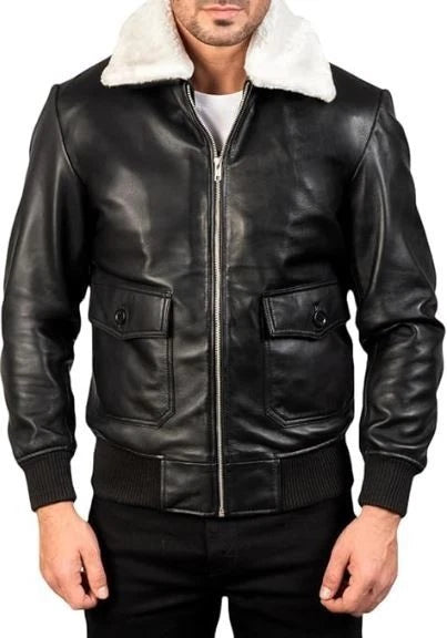 Men's Classic Aviator Style White Faux Fur Collar Brown Leather Bomber Jacket