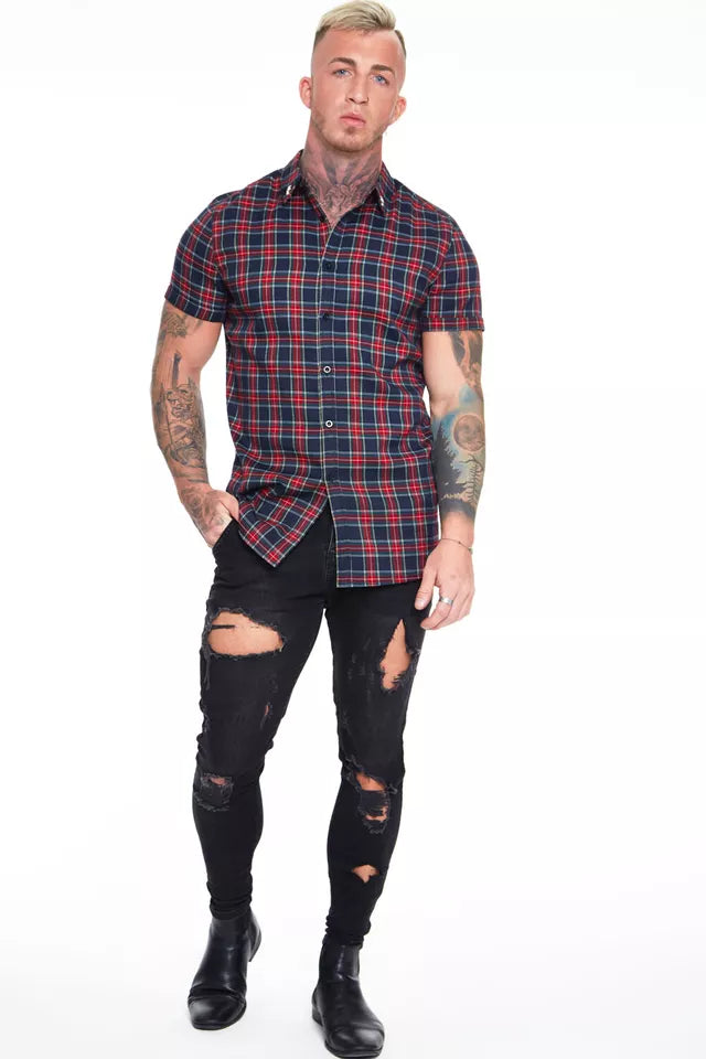 New Short Sleeve Work Tops Casual Checks Men Plaid Button Down Shirt Black S