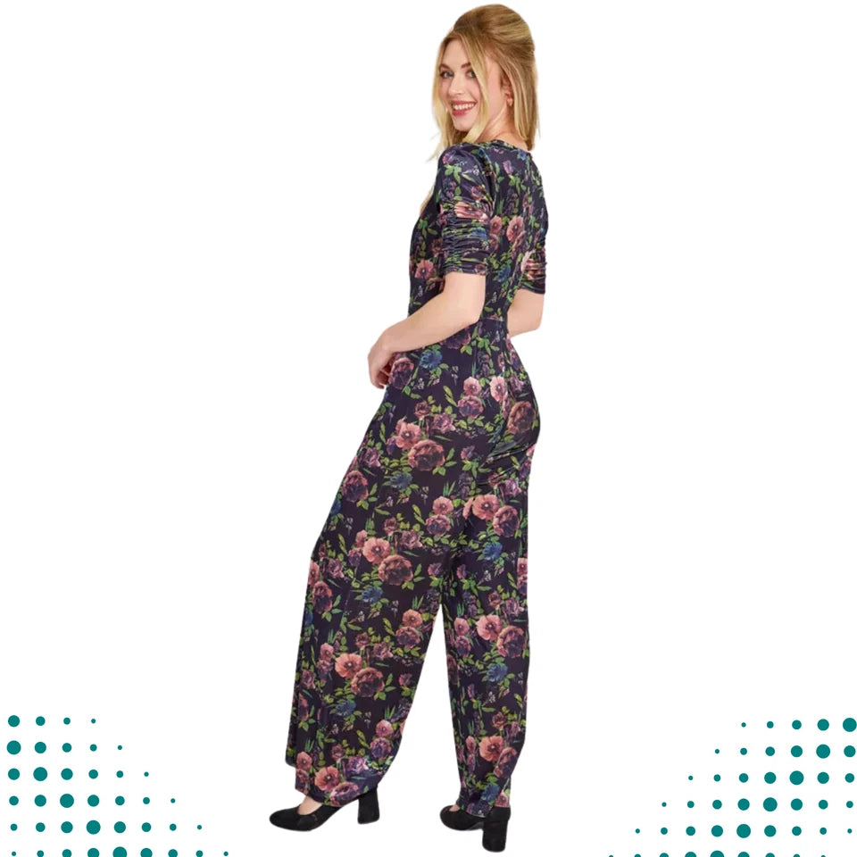 Velvet Retro Vintage Style Floral Wide Jumpsuit