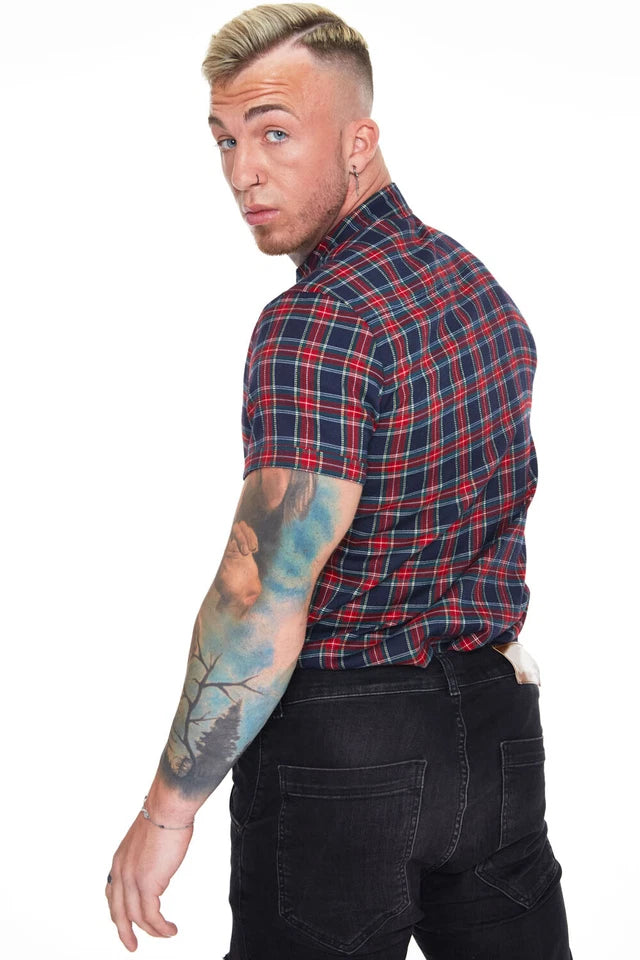 New Short Sleeve Work Tops Casual Checks Men Plaid Button Down Shirt