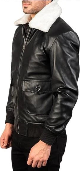 Men's Classic Aviator Style White Faux Fur Collar Brown Leather Bomber Jacket