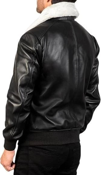 Men's Classic Aviator Style White Faux Fur Collar Brown Leather Bomber Jacket